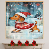 Adorable Christmas Dachshund Dog Ice Skating in Santa Hat and Festive Sweater Whimsical Holiday Art for Winter Pet Lovers and Seasonal Home Décor on Ready to Hang 1.5" Thick Canvas Wrap, Floating Framed Canvas, Flat Rolled Canvas